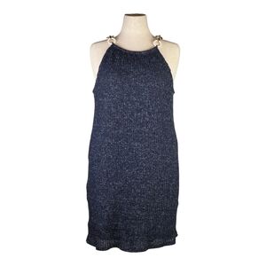 Tash + Sophie Navy Knit Shift Dress L Halter Ring Detail Made in USA